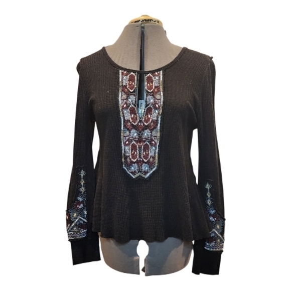 Free People Marion Black and Burgundy Embroidered Thermal Long Sleeve Top Large - Picture 4 of 7